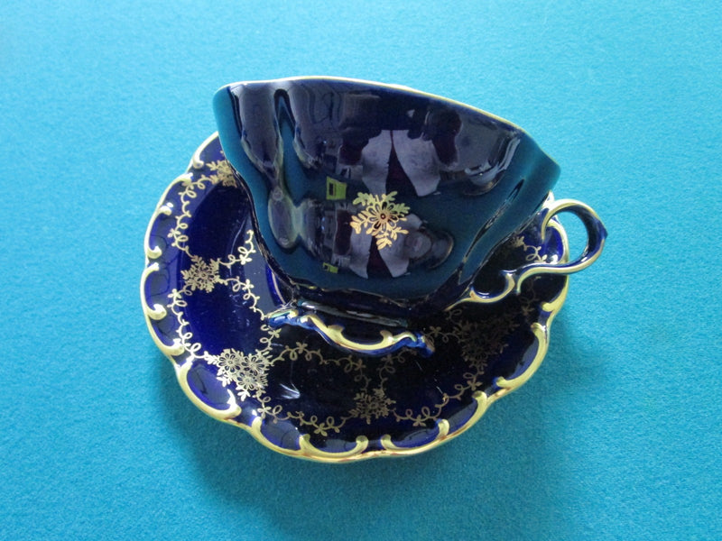 Linder Bavaria Germany  Etch Cobalt Cup And Saucer Gold And Blue Original [61]