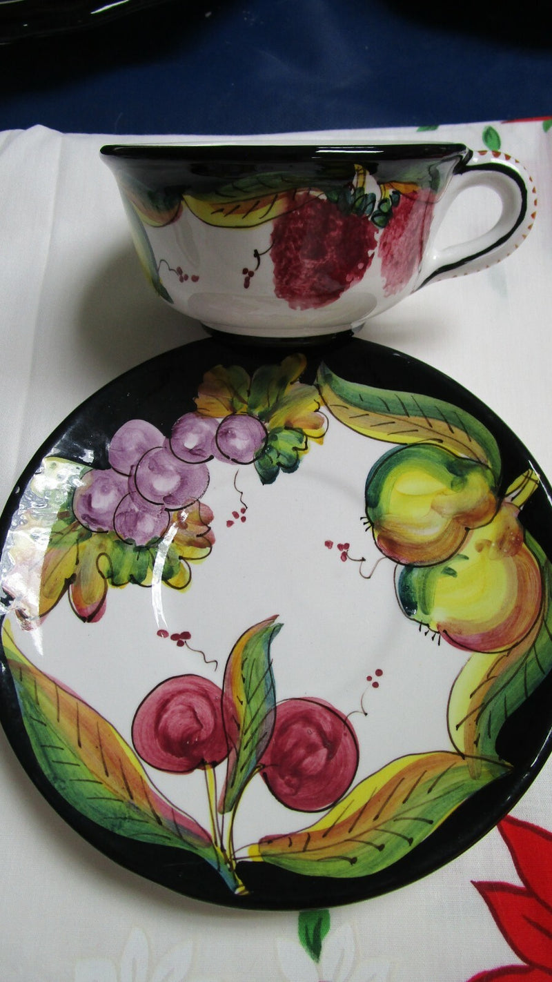 DERUTA ITALY DIP A MANO CERAMIC BOWL PLATES CUP SAUCER FRUITS BLACK RIM PICK 1