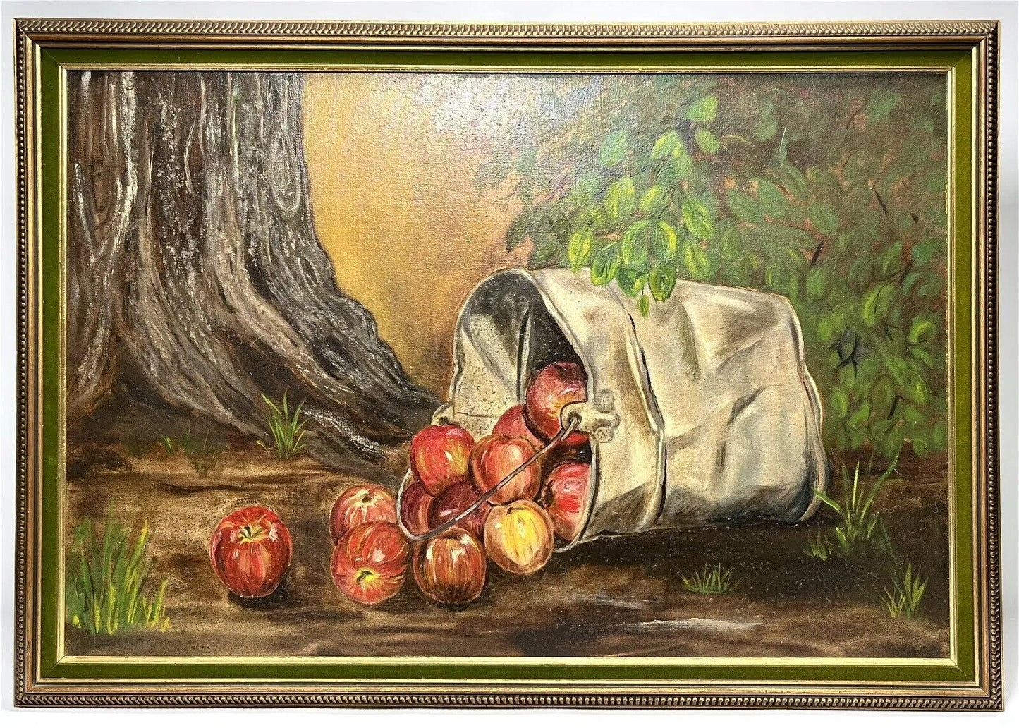 20th C Still Life  Fruit Oil on Canvas Depicts a Bucket of Red Apples 40 x 28"