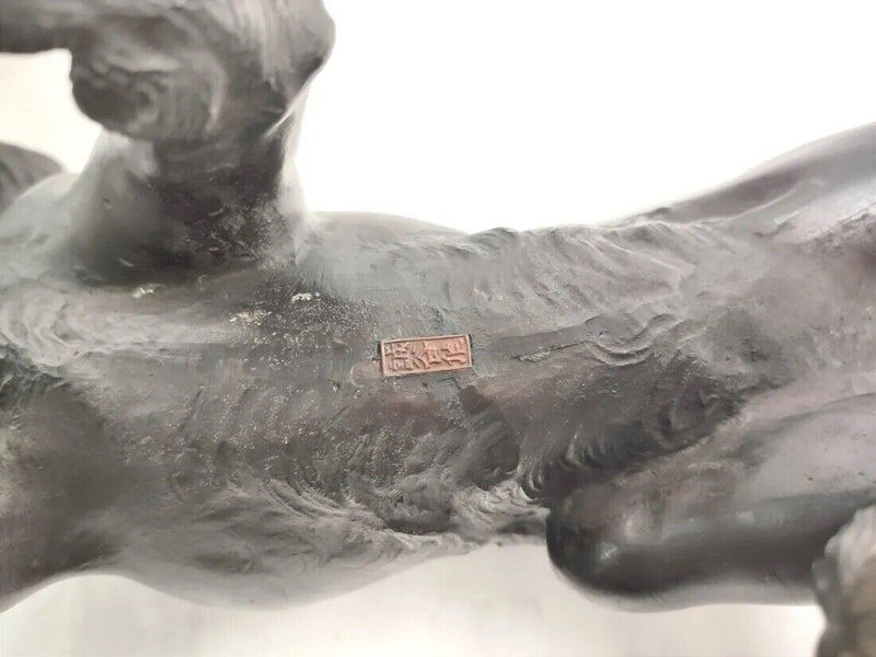 Japanese Meji Period Bronze Striped Tiger OKIMONO Sculpture Wooden Base SIGNED ^