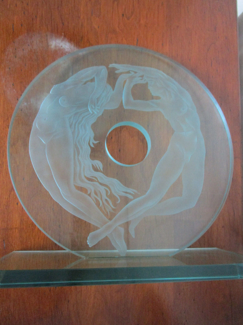 NAKED DIVERS COUPLE TABLE SCULPTURE LARGE 16 X 15 X 6" ETCHED GLASS