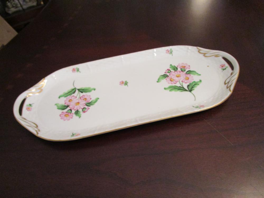 Zsolnay Hungary vanity tray, floral two handle, 1930s apprentice mark [#80]