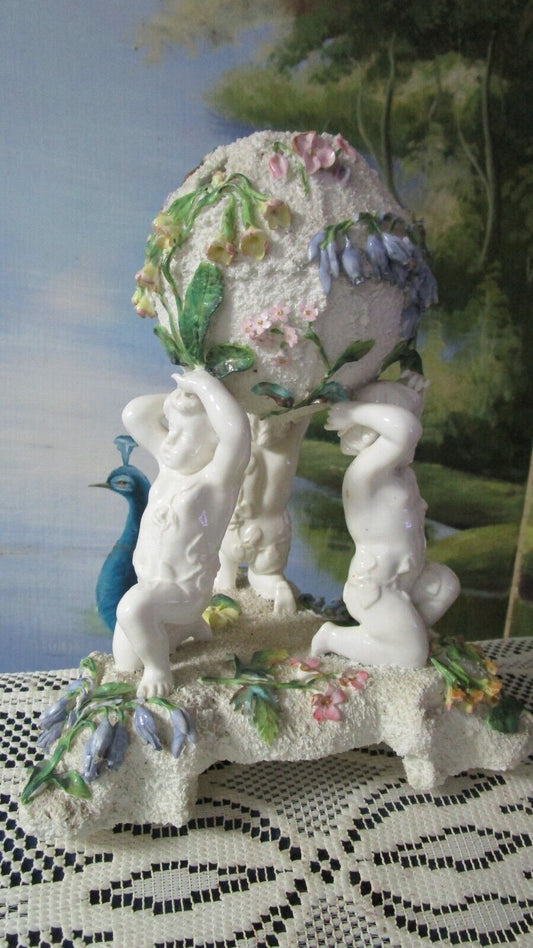 THOMAS BEVINGTON 1870s STAFFORDSHIRE CHERUBS ROUND FOOTED VASE FLOWERS