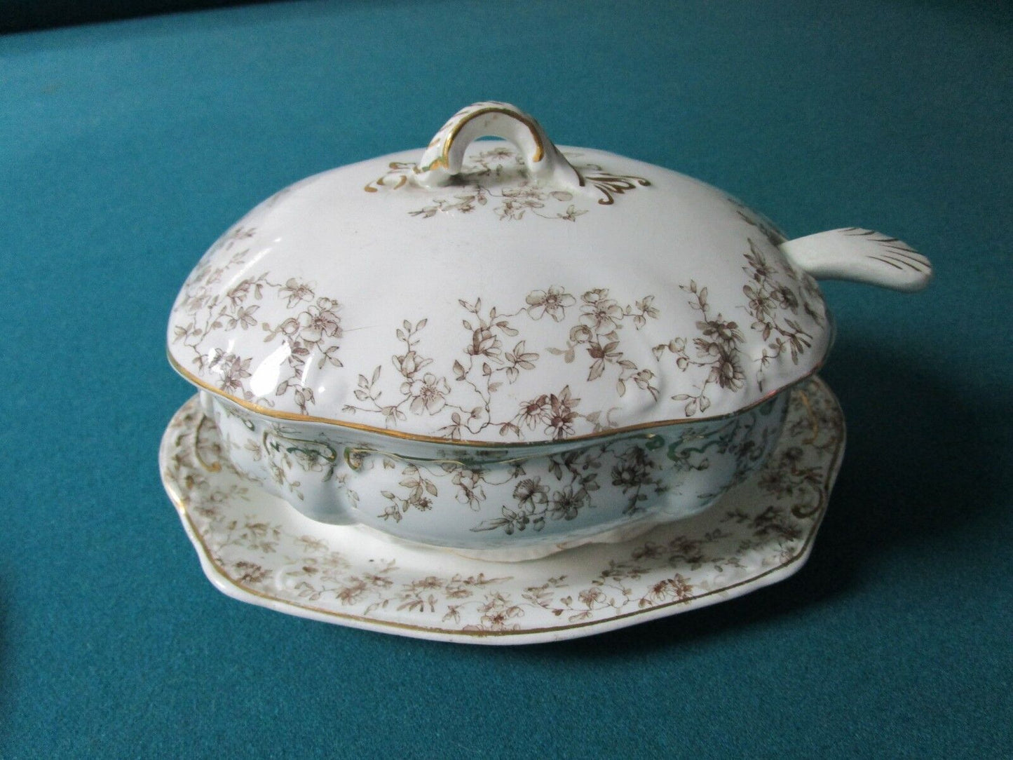 ANTIQUE 1880s Ridgways Royal Semi Porcelain MINI TUREEN SAUCE BOWL SPOON PLATE