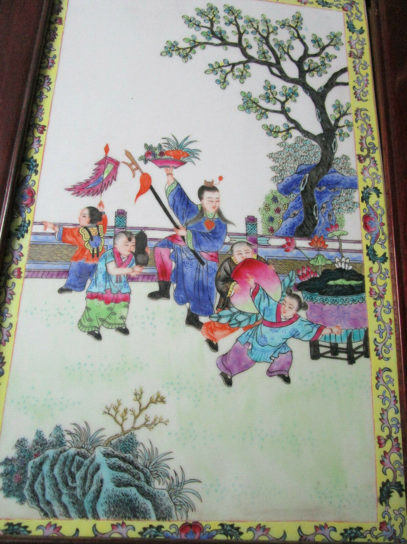 Chinese Antique Famille Rose Framed Porcelain Plaque CHILDREN PLAYING PICK 1