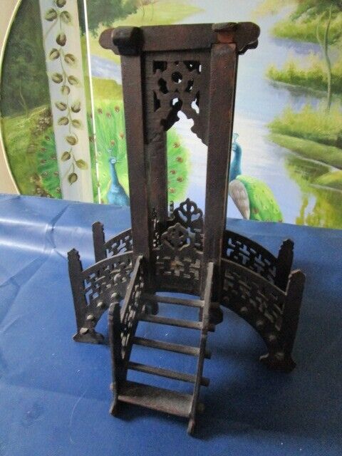 ANTIQUE /vintage Oriental WOOD CARVED INCENSE TOWER 12" TALL STAIRS BUILDING