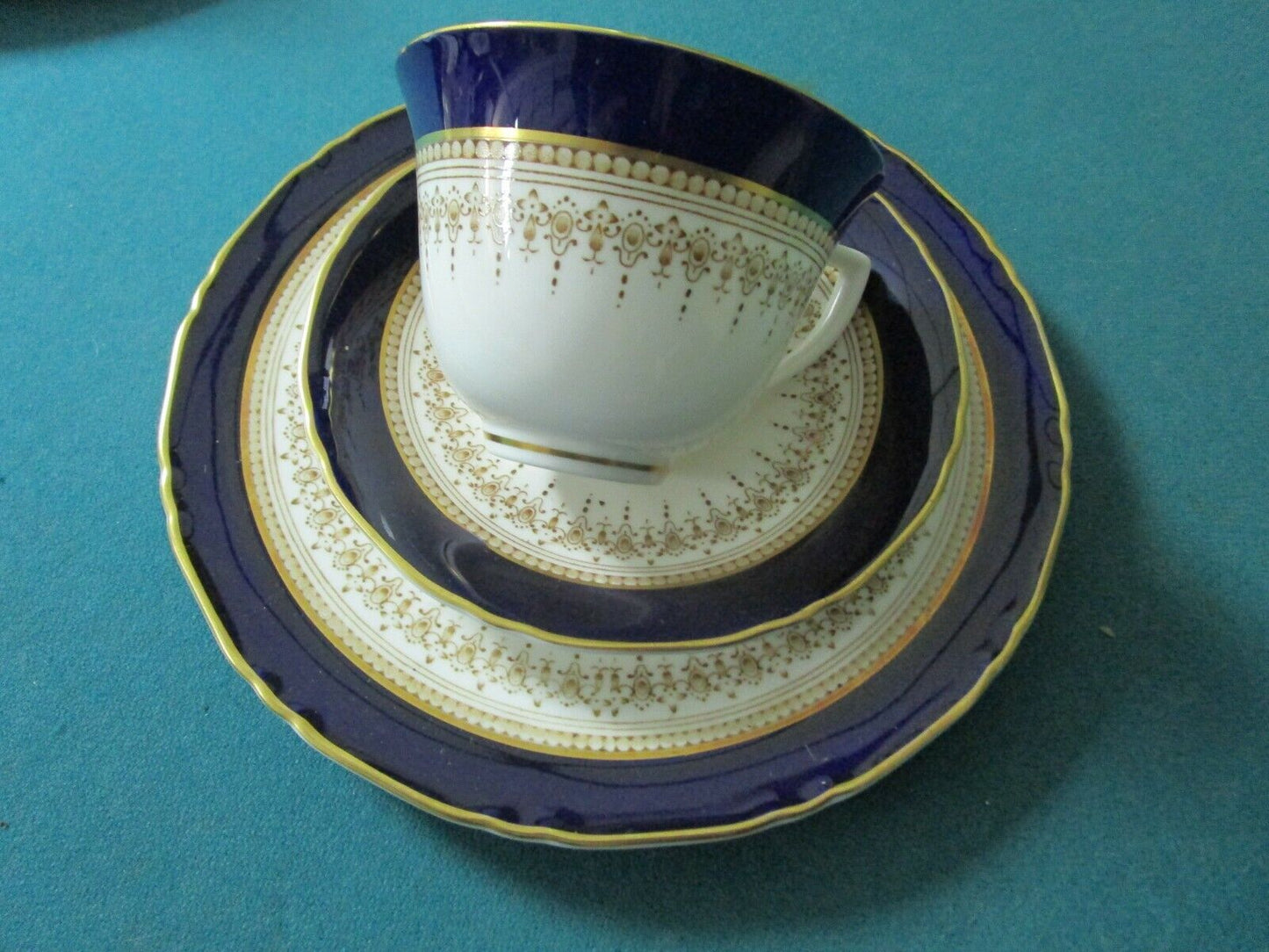 TRIO Royal Worcester, England, Regency pattern, white, blue and gold [98]