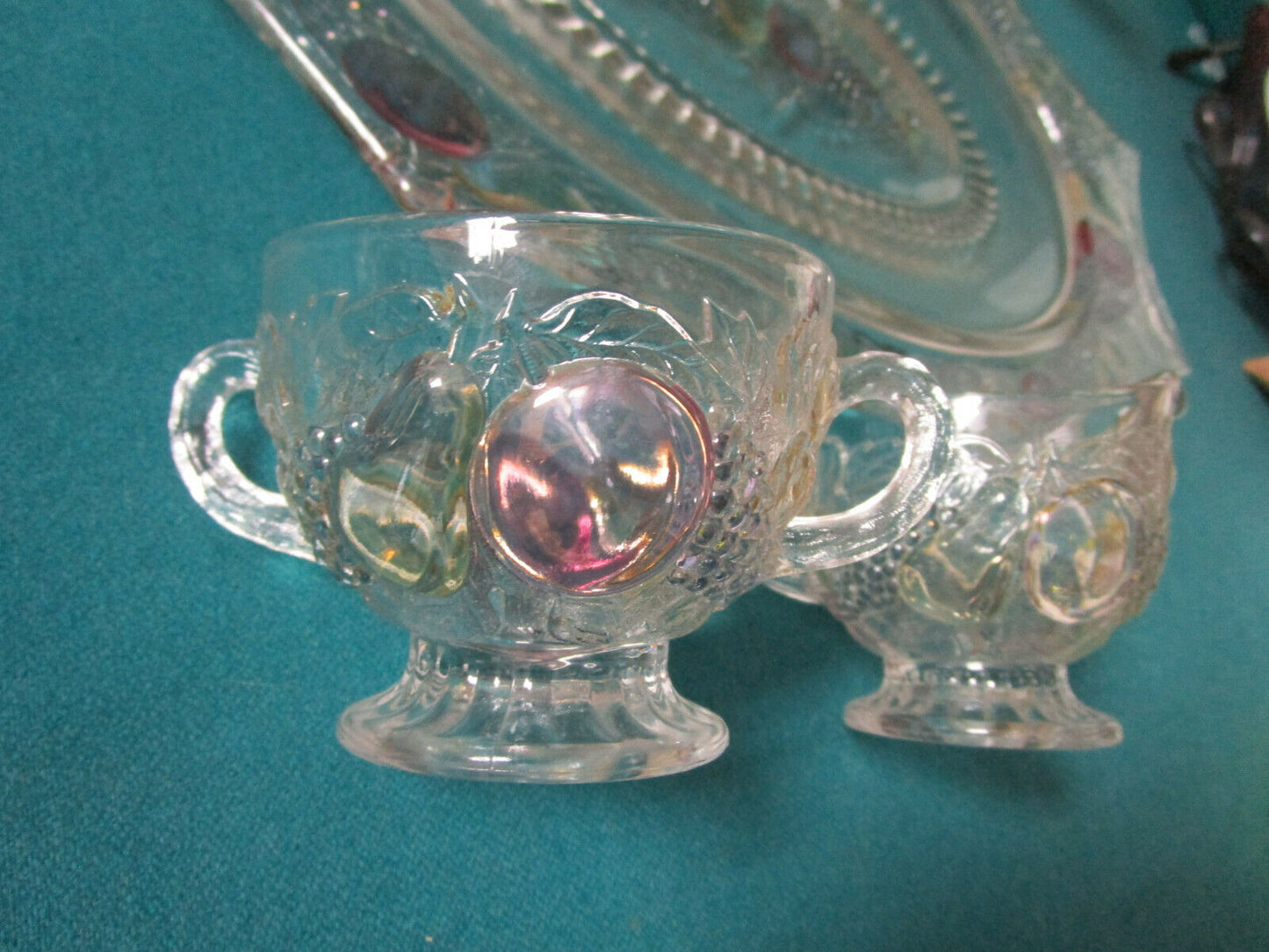 Westmoreland ANTIQUE Glass DELLA ROBBIA fruits pattern TRAY CREAMER SUGAR PICK 1