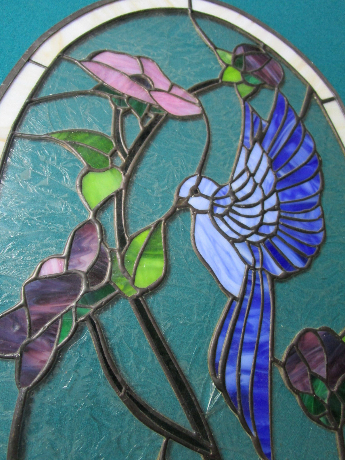 Tiffany Style Stained  GLASS FLOWERS AND HUMMINGBIRD 22 X 13"