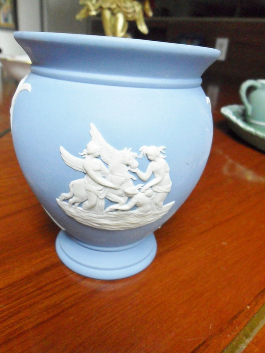 Wedgwood England blue Jasperware vase, white Greek cameo decor,  4"