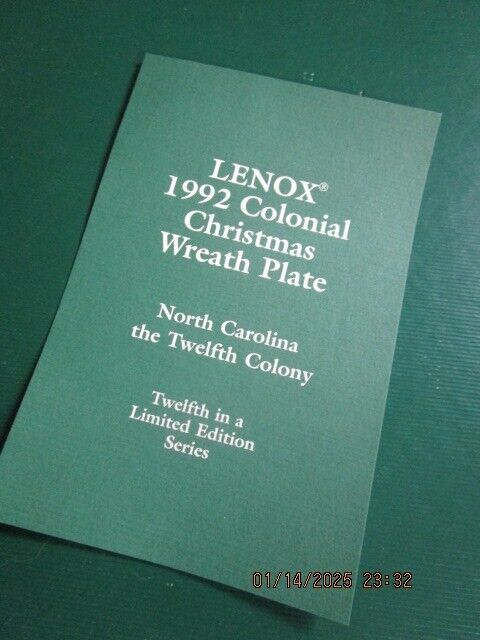 LENOX COLONIAL CHRISTMAS PLATE 1992 NORTH CAROLINA 10.7in ^^