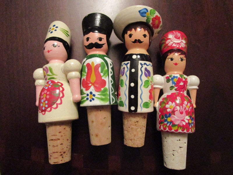 Hungary 4 Cork Stoppers 4" Wood Carving Hand Painted Original ^^^