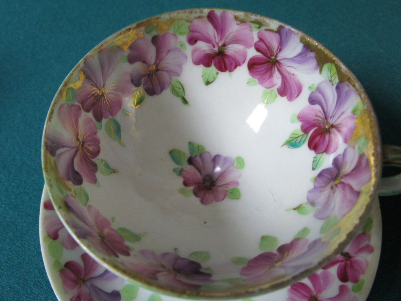 Midcentury Cups And Saucers Made In Japan Purple Pink Flowers Gorgeous