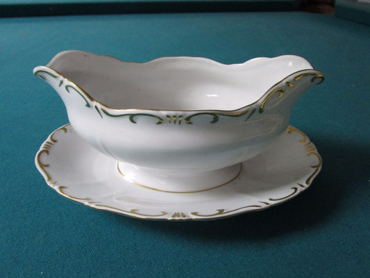 ZSOLNAY HUNGARY GRAVY BOAT WITH ATTACHED UNDERPLATE WHITE/GOLD ACCENTS 1960s