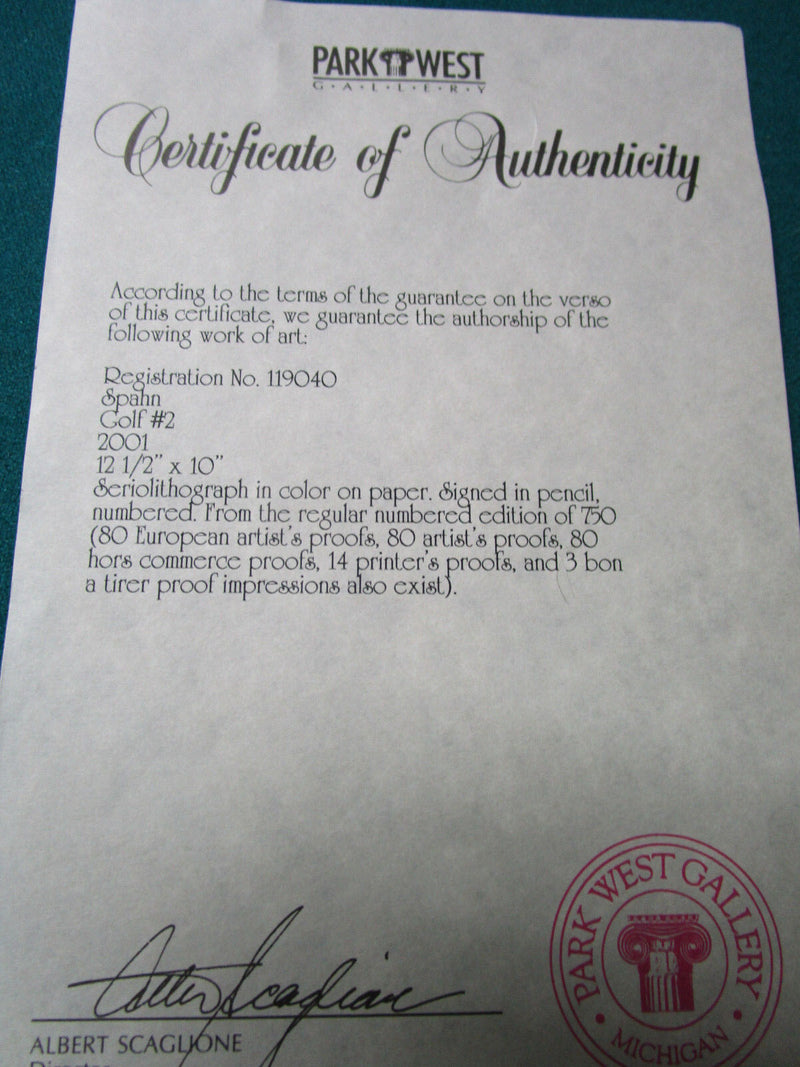 SERIOLITHOGRAPH  VICTOR SPAHN "GOLF # 2" W/ CERTIFICATE,  PENCIL SIGNED NUMBERED