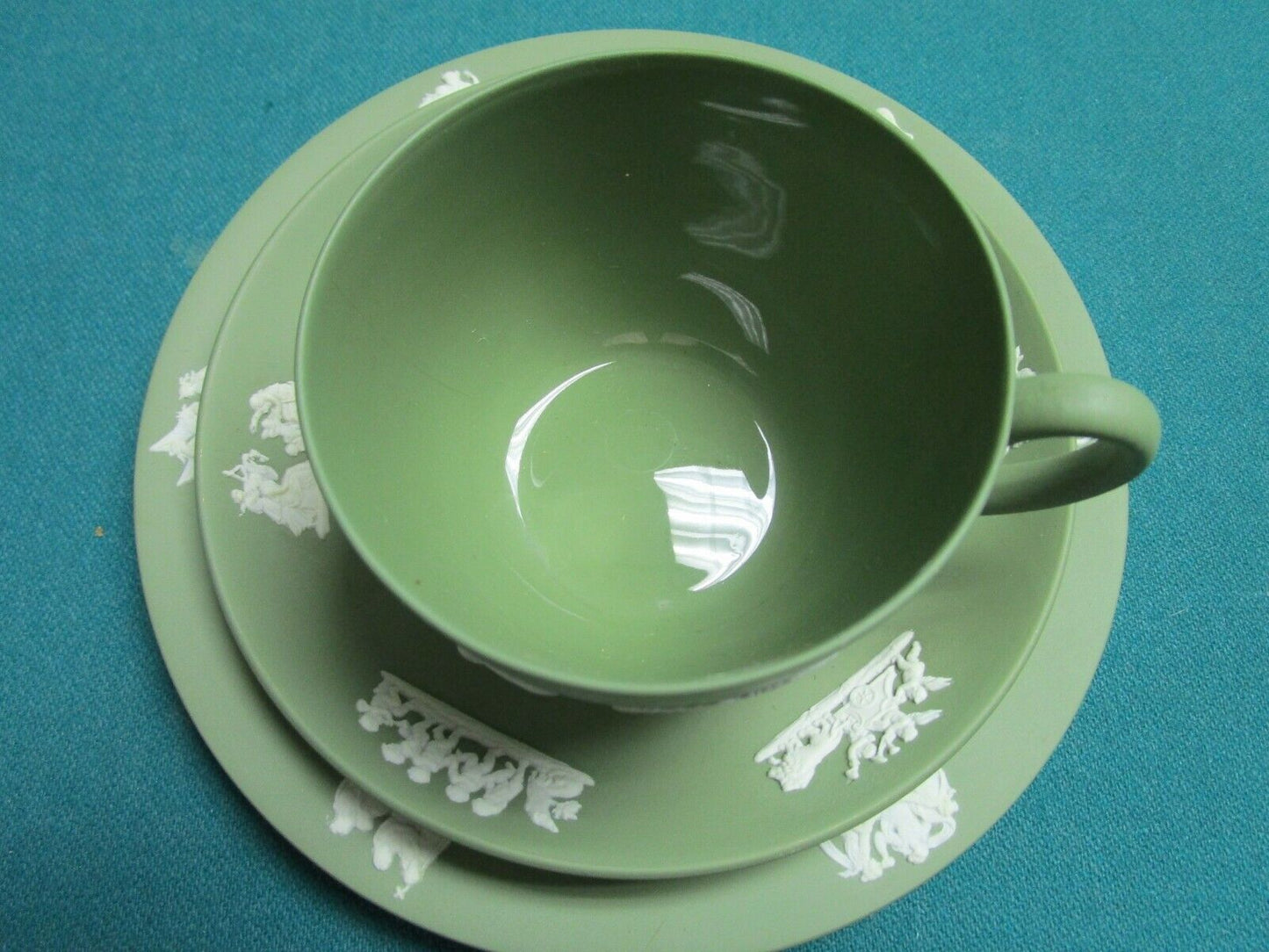 VINTAGE WEDGWOOD GREEN JASPERWARE trio cup, saucer , cake plate [80d]