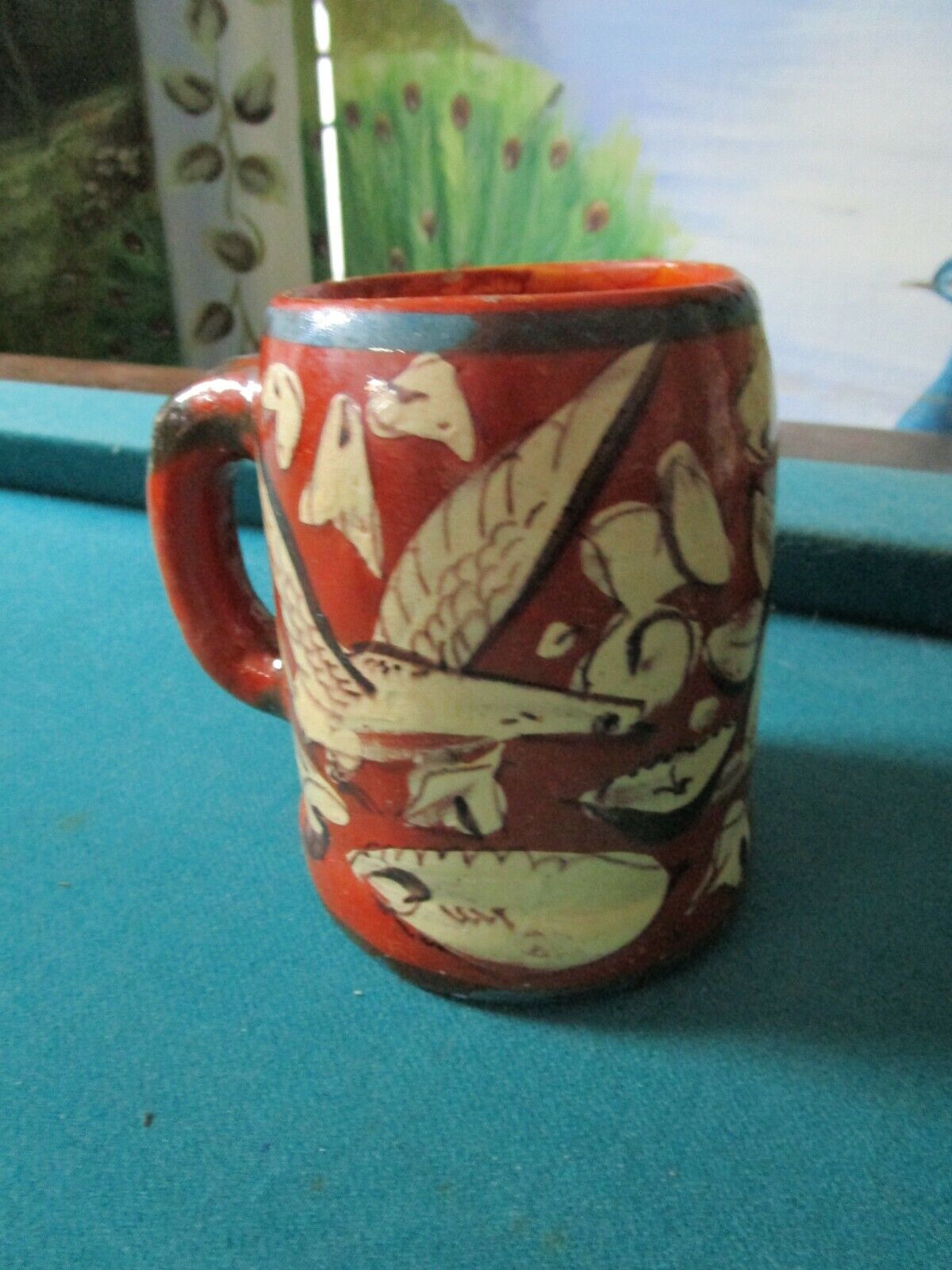 WESTERN POTTERY RED CLAY MUG HAND PAINTED BIRDS 5"