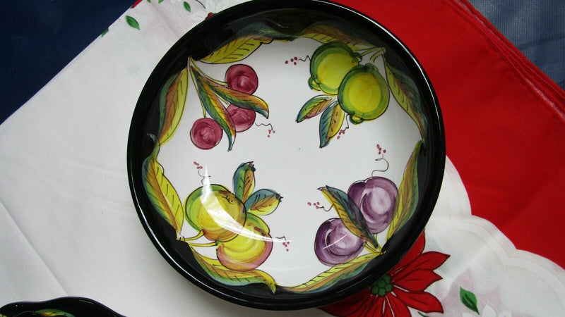 DERUTA ITALY DIP A MANO CERAMIC BOWL PLATES CUP SAUCER FRUITS BLACK RIM PICK 1