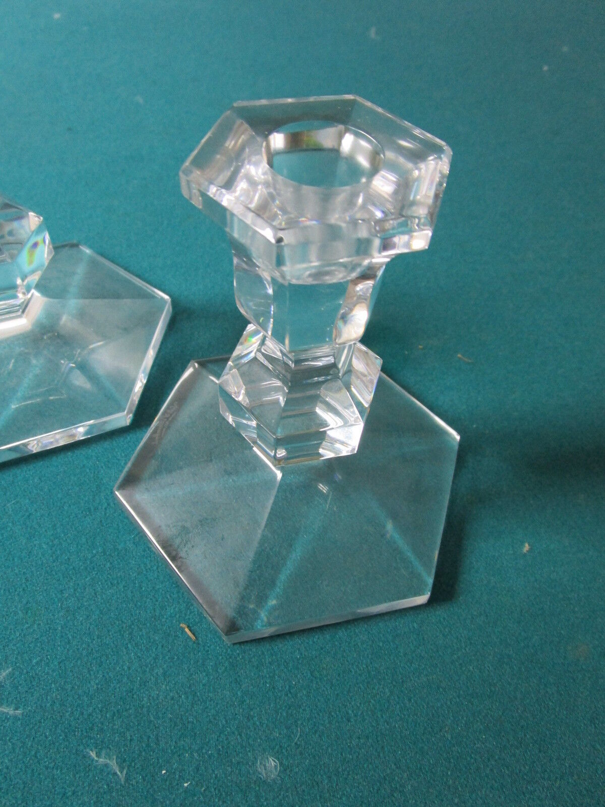 VAL ST LAMBERT Belgium original CRYSTAL GARDENIA pair of single  CANDLE STICK