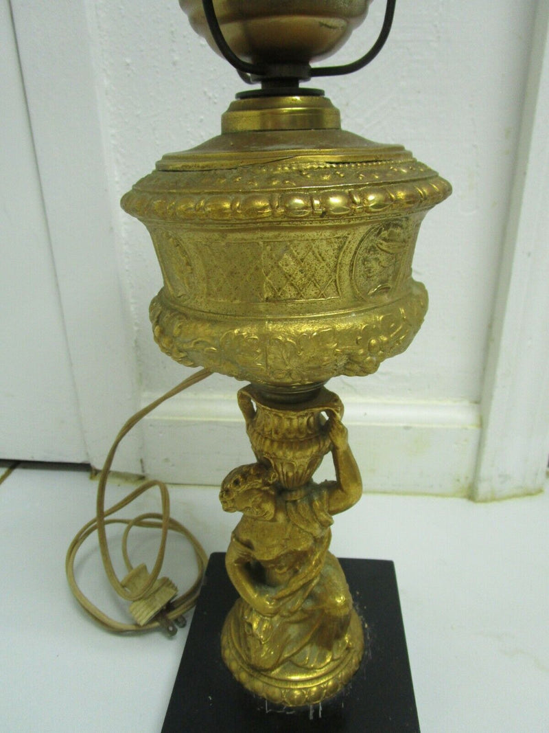 BRASS LAMP ROMAN WOMAN TORCH WITH SHADE MARBLE BASE  22"