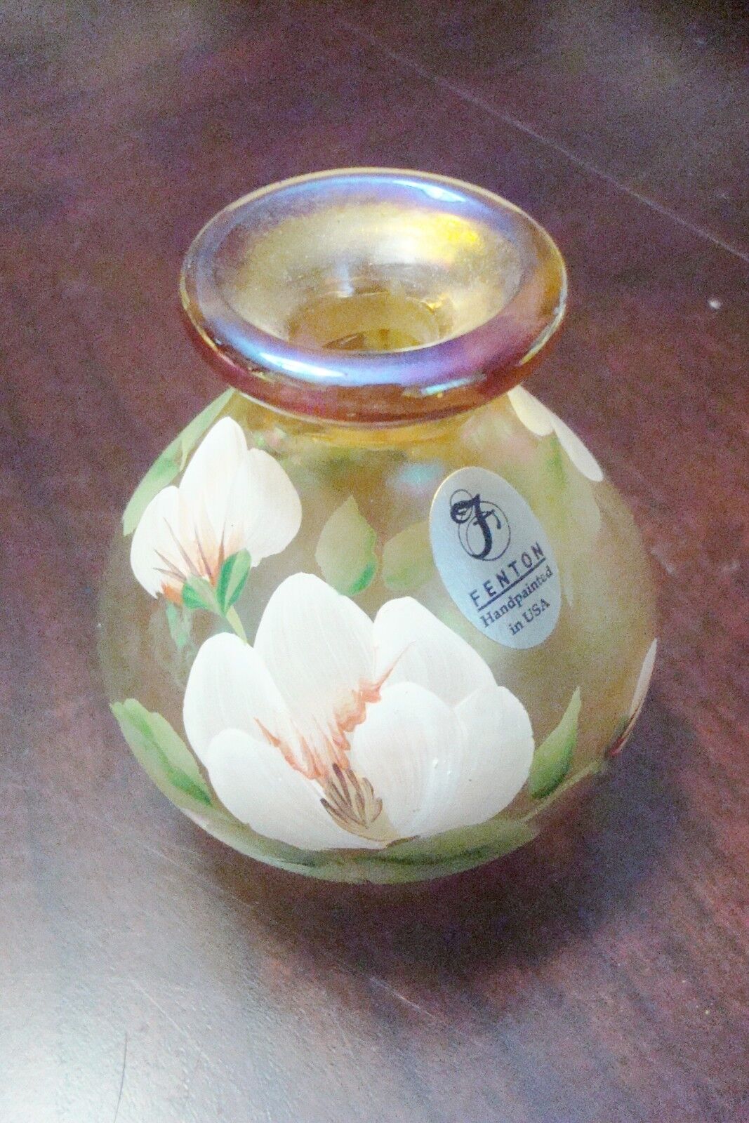 Vintage Fenton  Hand Painted Signed Clear Amber mini vase [aA]