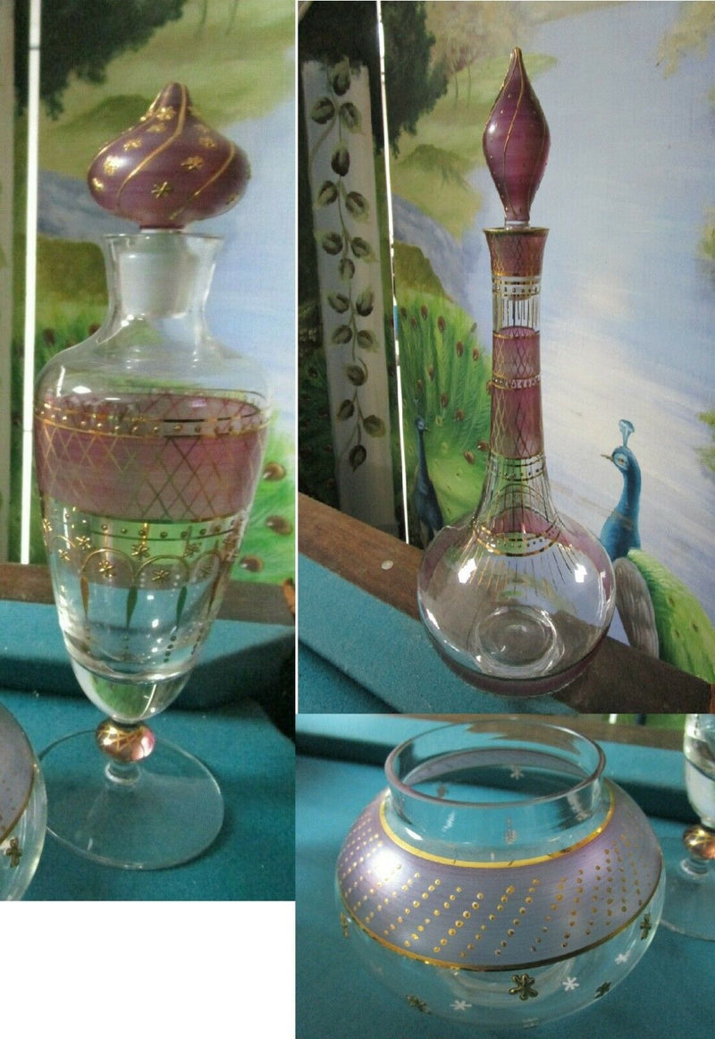 BOHEMIAN CZECH PURPLE CRYSTAL GOLD DECANTER WITH STOPPER AND BOWL PICK1