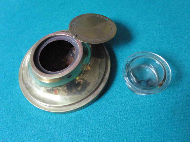 BRASS MID CENTURY INK WELL WITH GLASS INSERT 5" ORIGINAL