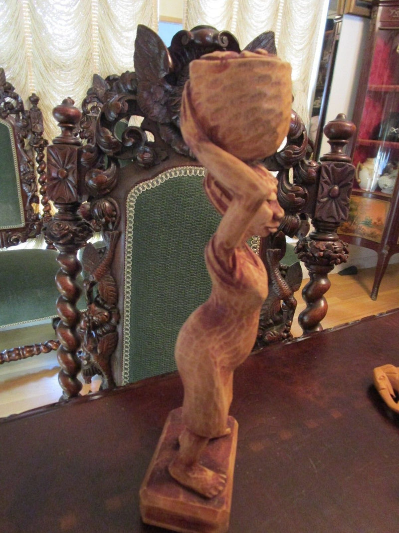 Wood Carving African Woman With Basket 11" Tall Signed Louis Original^^^
