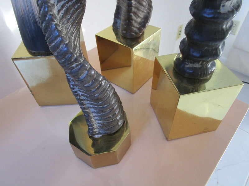 SET OF CERAMIC DECORATIVE HORNS WITH BRASS BASE 24" TO 14" TALL rare