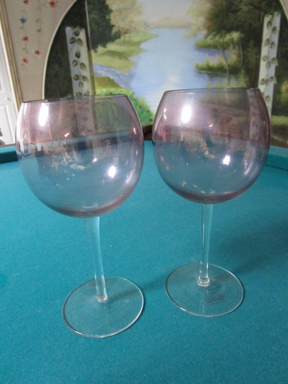 2 LARGE PINK SMOKEY FINE CRYSTAL WINE GOBLETS HANDMADE IN ROMANIA