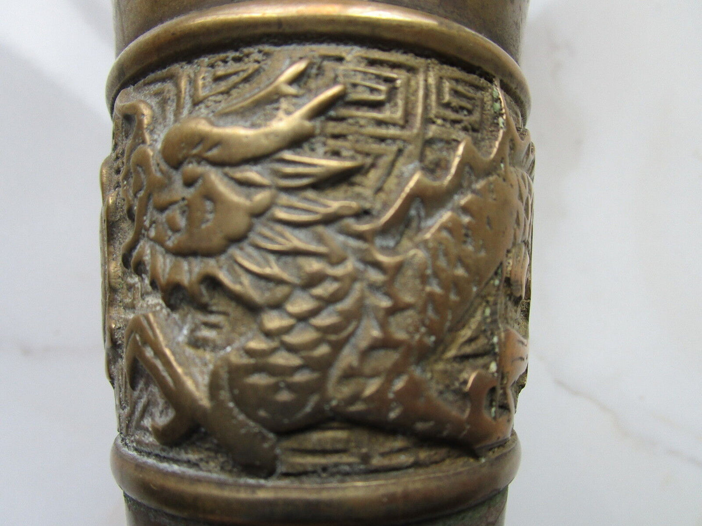 Antique Bronze standing pillar candle holder, made in China, dragon engravings