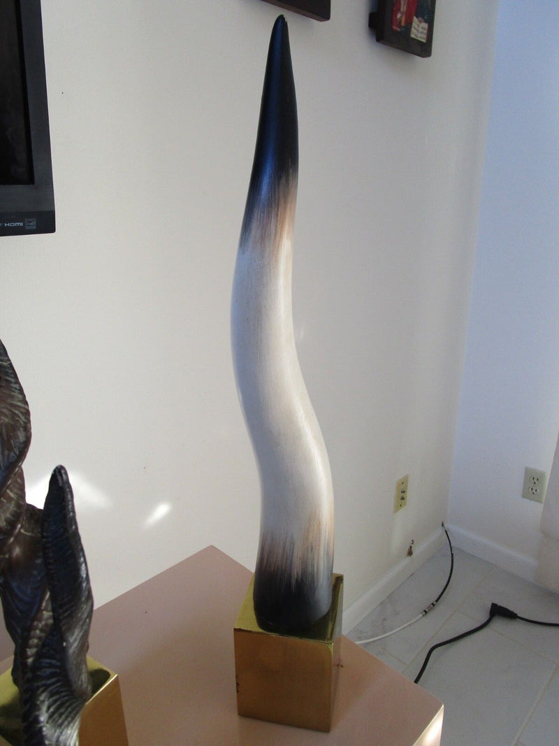 SET OF CERAMIC DECORATIVE HORNS WITH BRASS BASE 24" TO 14" TALL rare
