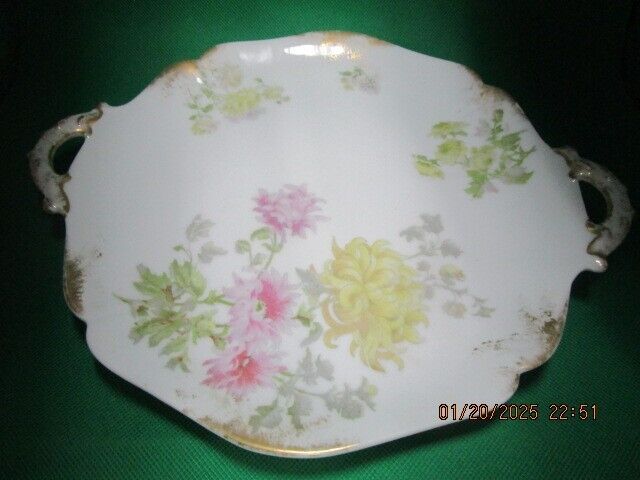 ANTIQUE FRANCE LIMOGES FLORAL TRAY 2 HANDLES 11" SIGNED BY ARTIST^^