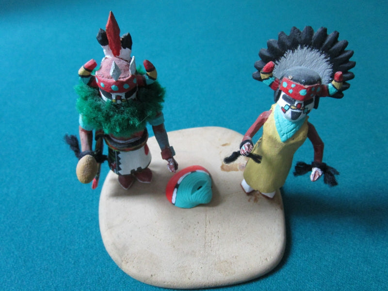 SOUTHWEST POLYCHROME CARVING HOPI KACHINA, DOUBLE FIGURINE SIGNED "HONWYTEWA"
