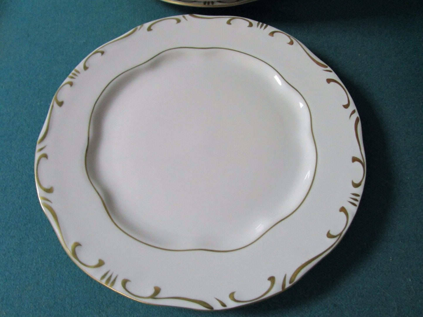 ZSOLNAY HUNGARY 6 BREAD PLATES WHITE CREAM/GOLD ACCENT, 1960s