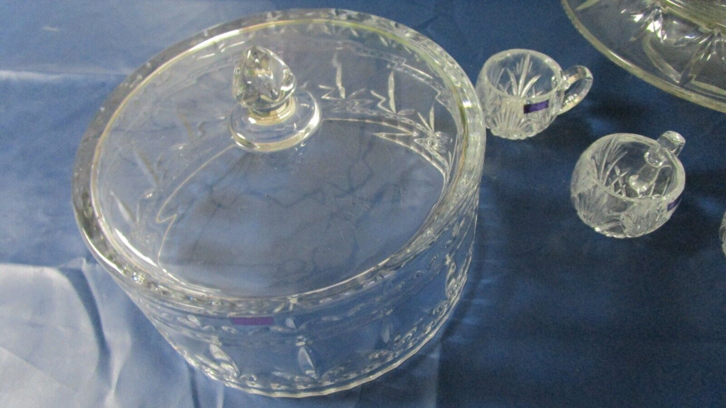 WATERFORD PEDESTAL PUNCH BOWL CAKE STAND FINLEY PATTERN WITH 4 PUNCH GLASSES