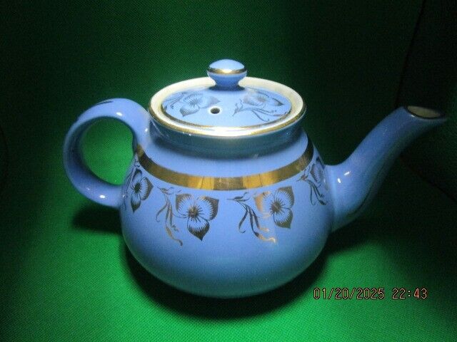 HALL USA POTTERY BLUE AND GOLD TEAPOT 6 X 9" ^^