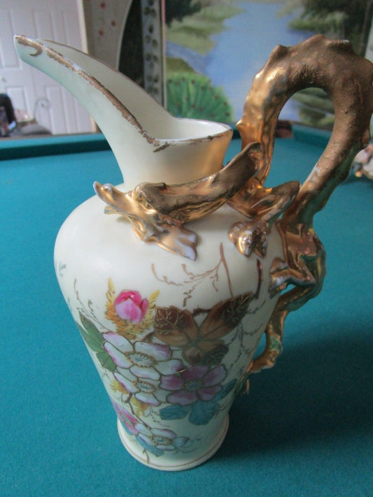 1880s VICTORIA SCHMIDT & CO AUSTRIA EWER GOLDEN DRAGON HANDLE PITCHER 10"