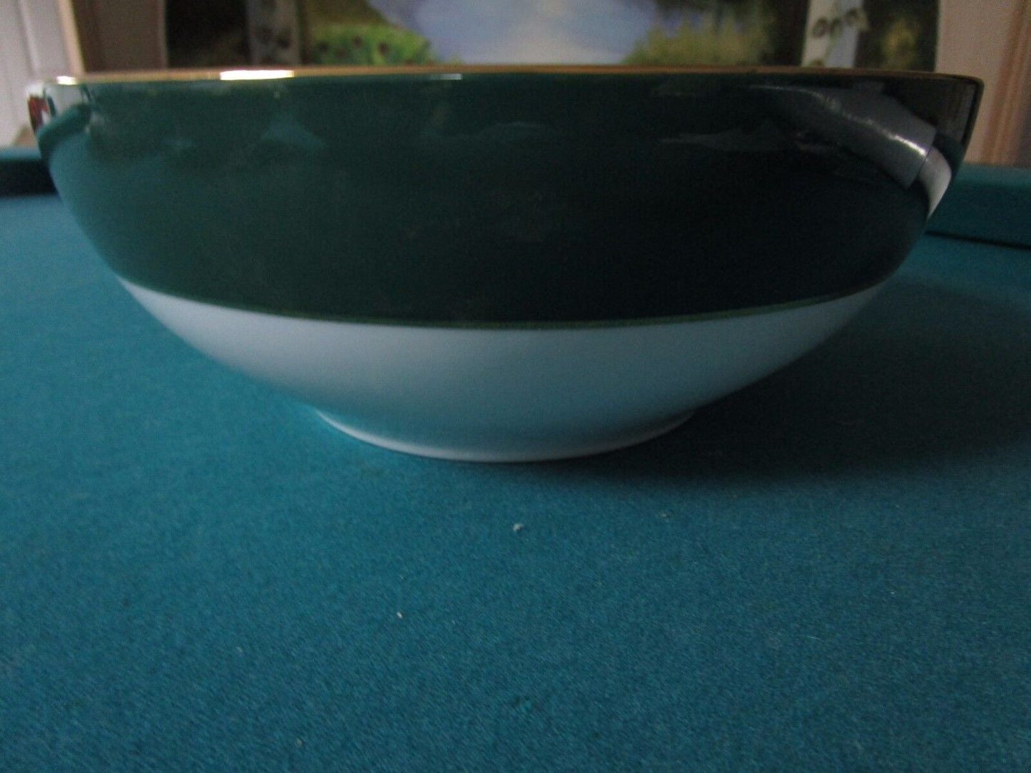 Zsolnay Hungary Round Bowl Green/White With Gold Accent 1960s 9 1/2 Diam ^^