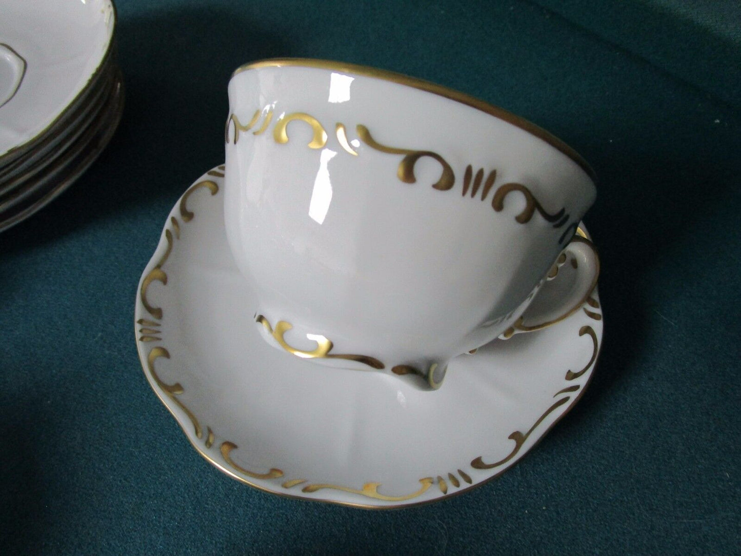 ZSOLNAY HUNGARY 6 CUPS AND SAUCERS WHITE CREAM/GOLD ACCENT, 1960s