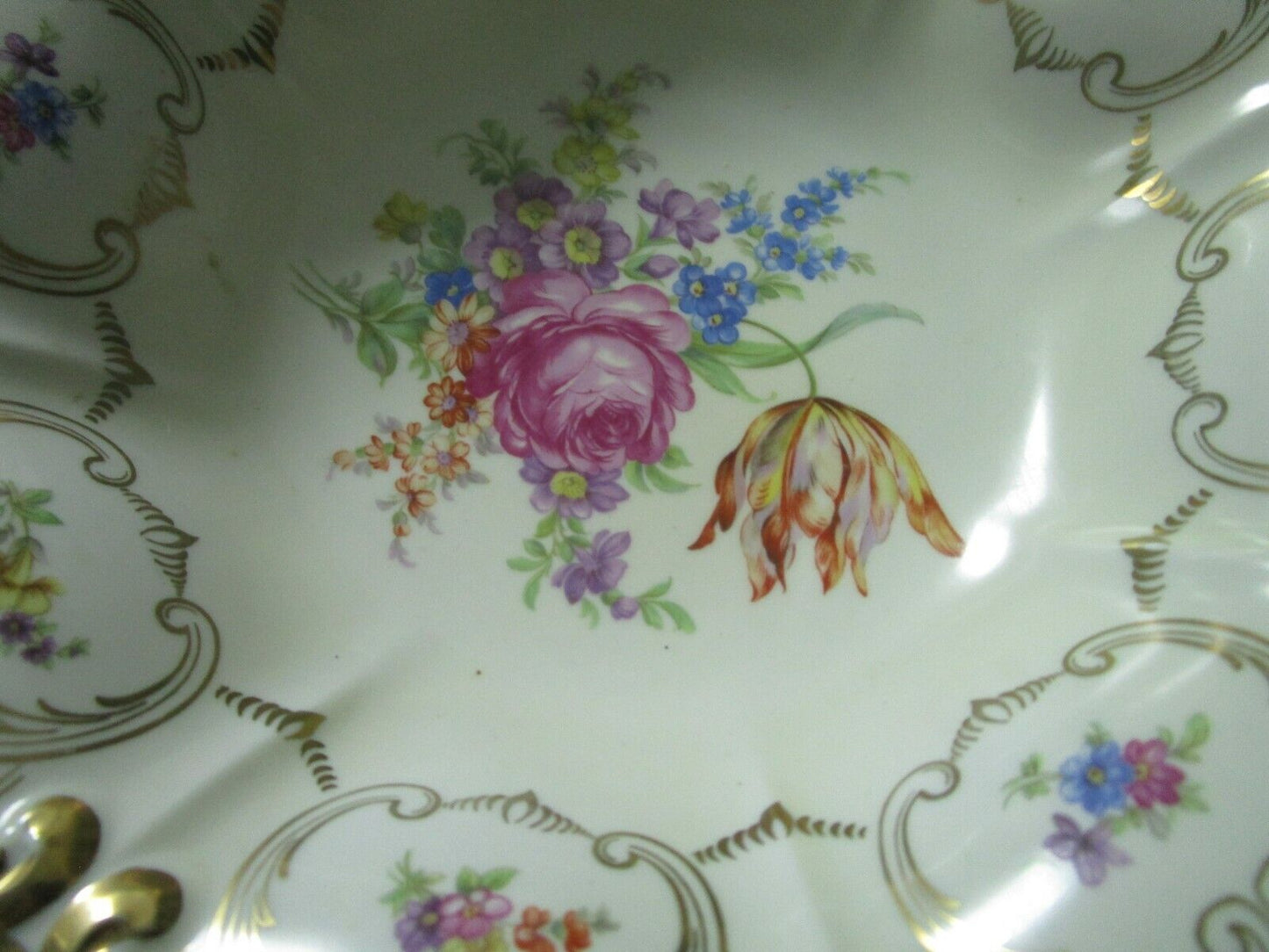 TIRSCHENREUTHER BAVARIA GERMANY SET BOWL TRAY CENTERPIECE GOLD AND FLOWERS