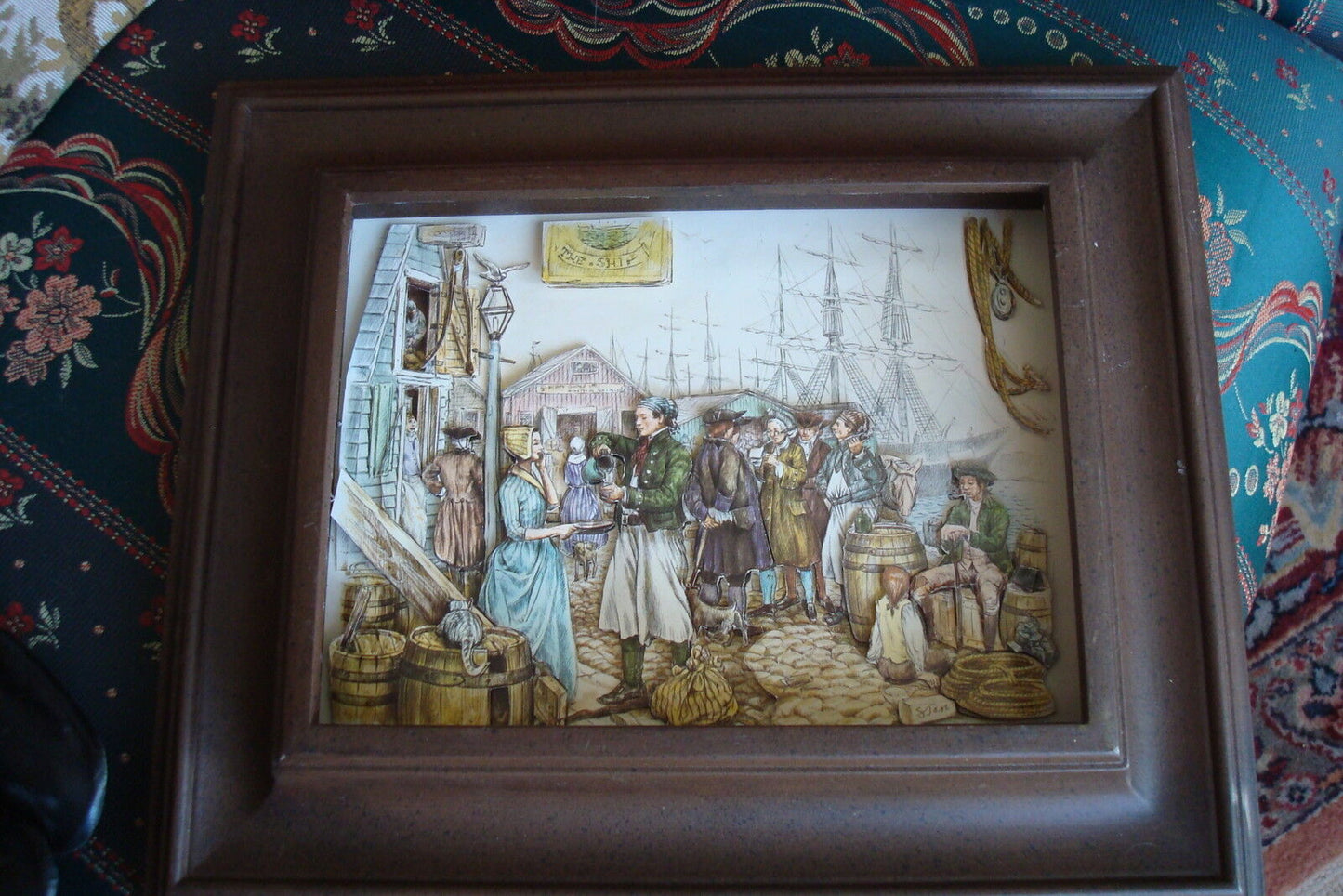 3 D collage paper art of English Port signed S. Jan wooden framed