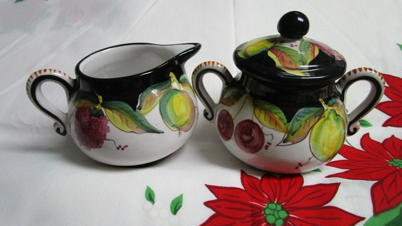 DERUTA ITALY DIP A MANO CERAMIC BOWL PLATES CUP SAUCER FRUITS BLACK RIM PICK 1