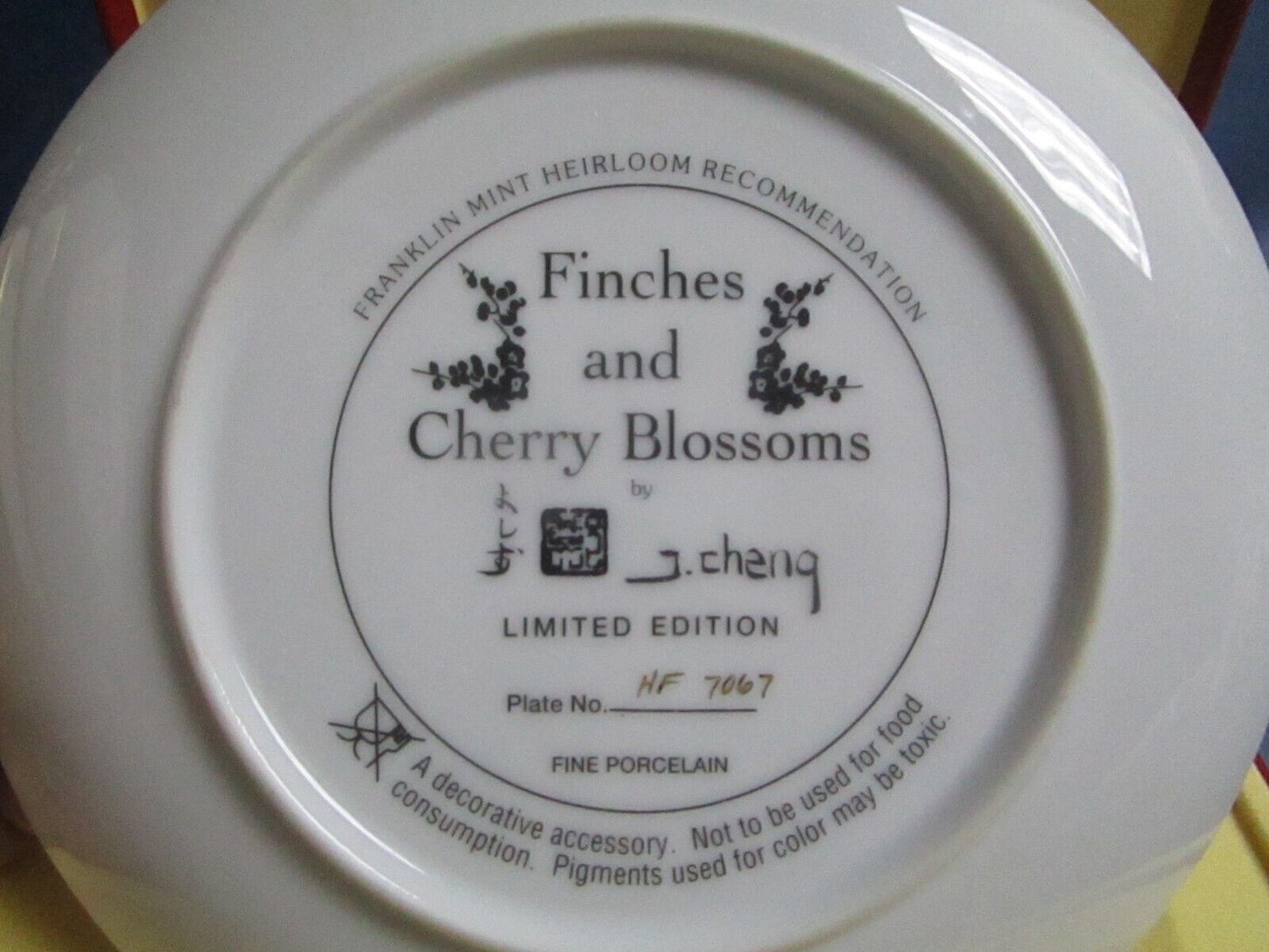 The FRANKLIN MINT HEIRLOOM "Finches and Cherry Blossoms" Signed by J. Cheng