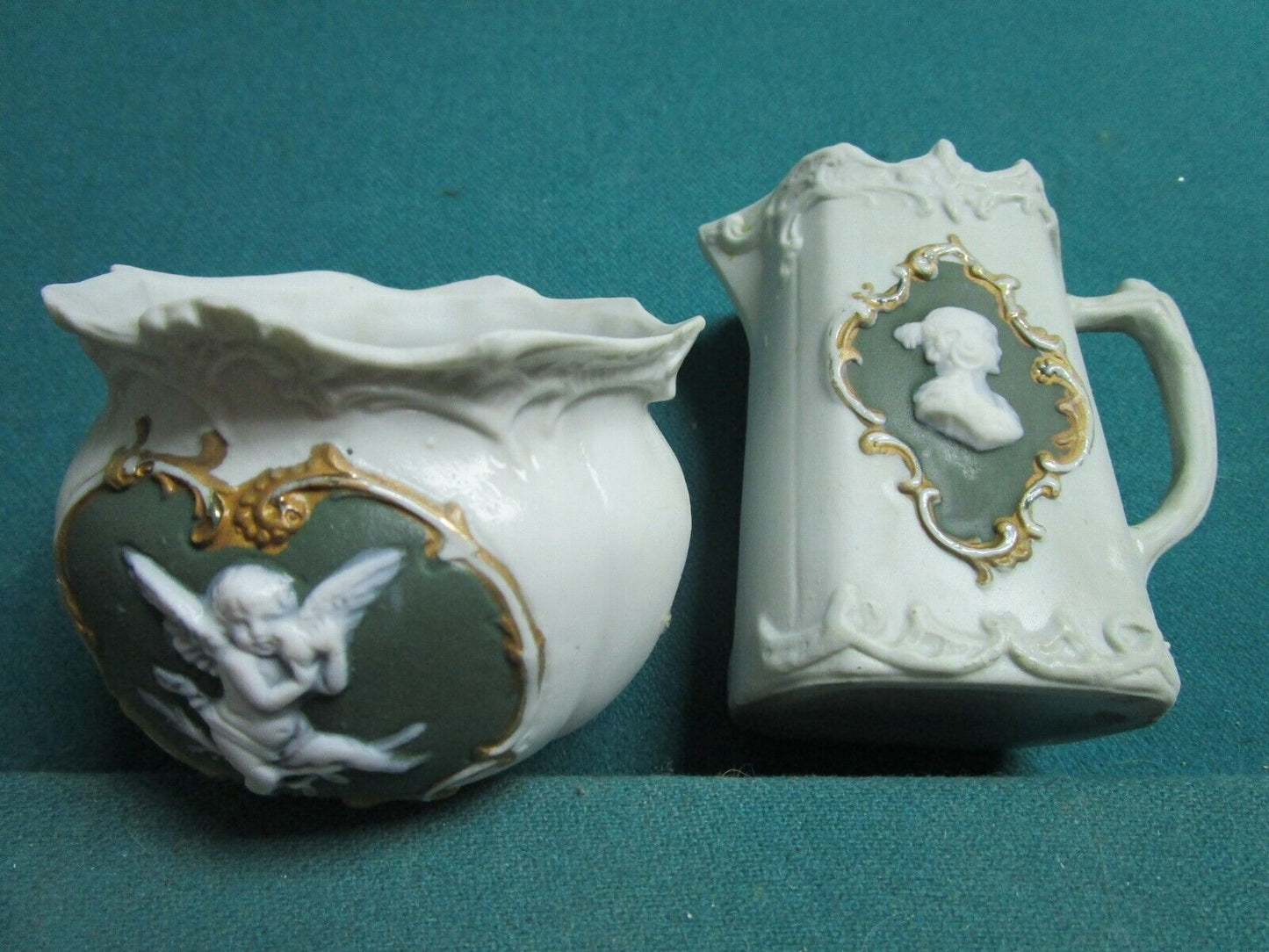 19th Light green  bisque creamer & open sugar w/white Pate-Sur-Pate Figural [a6]