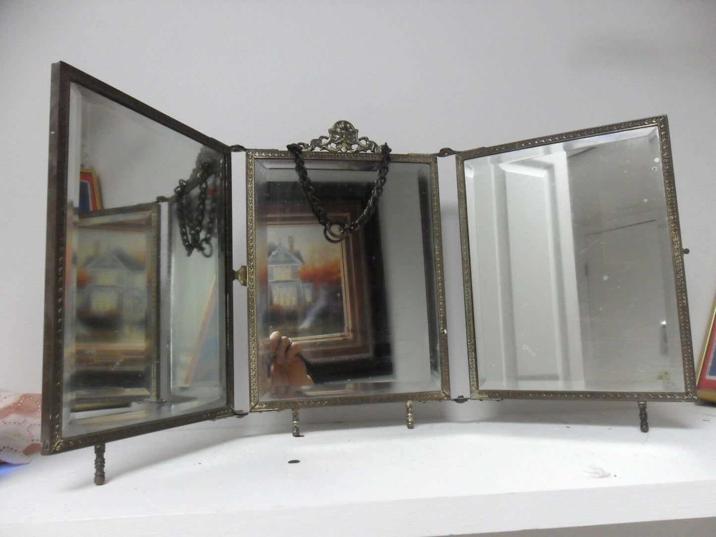 1800s THREE PART TABLE VANITY MIRROR METAL FRAME ORIGINAL