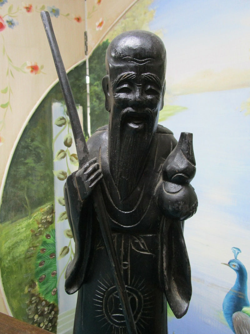 CHINESE IMMORTAL GOD Li Tieguai WOODEN CARVED 18" FIGURINE BLACK TEAK ^^^