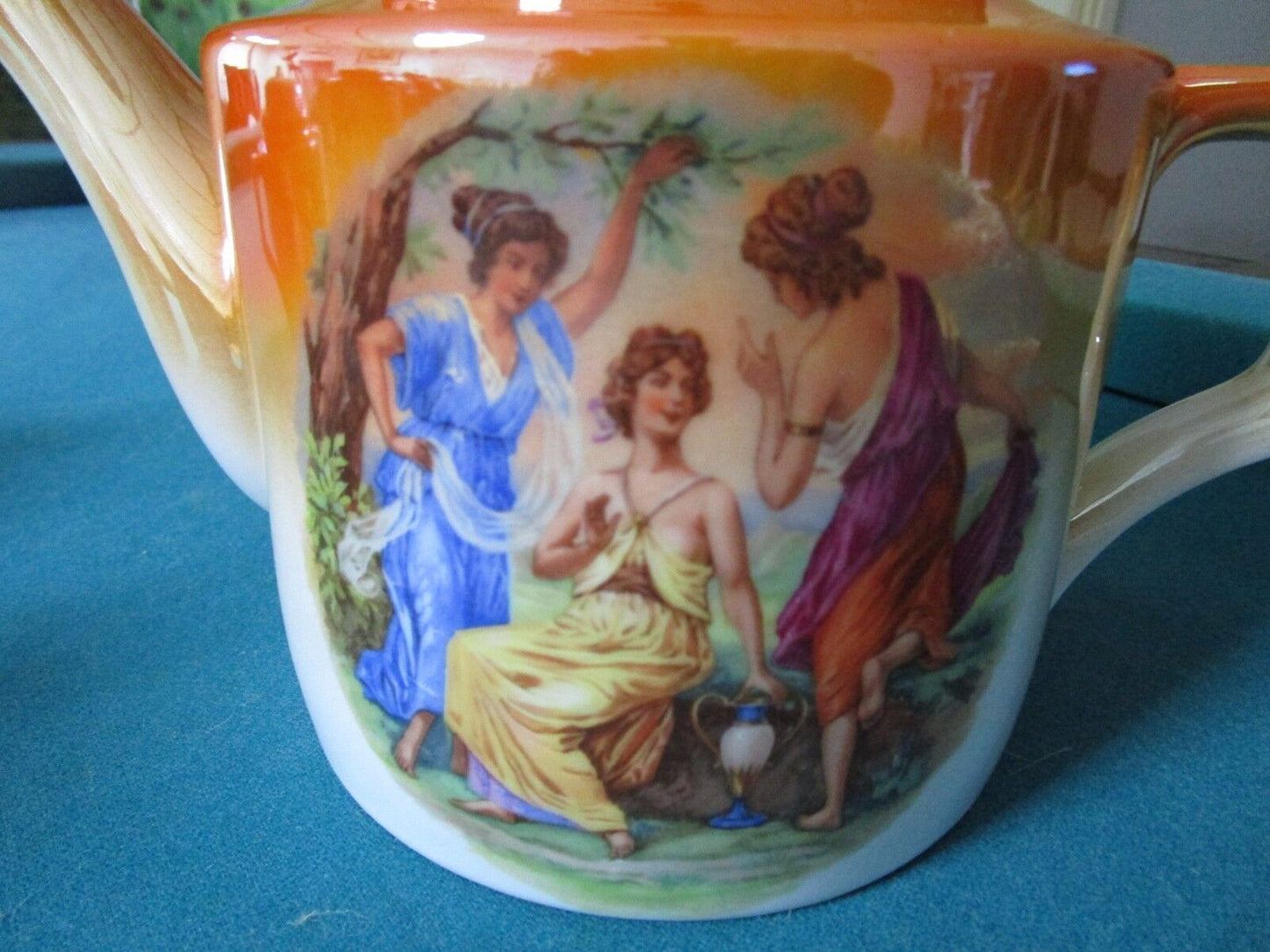 ZSOLNAY HUNGARY COFFEE SET ORANGE LUSTER DANCING MAIDENS STENCILED 1940s UNIQUE