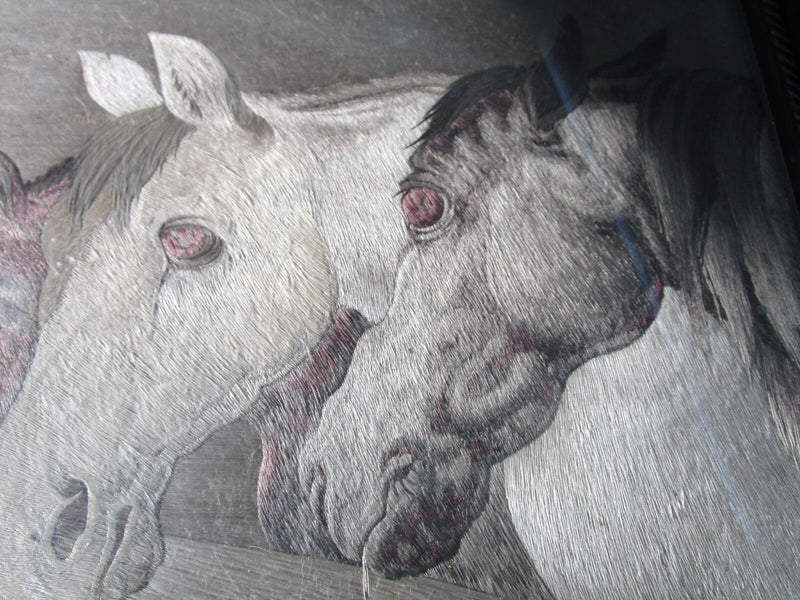 Vintage Woven Silk Painting Art Three Horses 16 1/2  12 1/2"