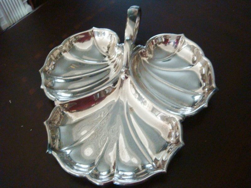 Crescent Silver Plate, Candy or Nut Dish 3 divisions Leaf Tray Handled  original
